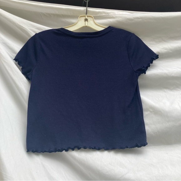Forever 21 Navy Crop Shortsleeved Shirt with Ruffle Edge, Size Large - Picture 7 of 8